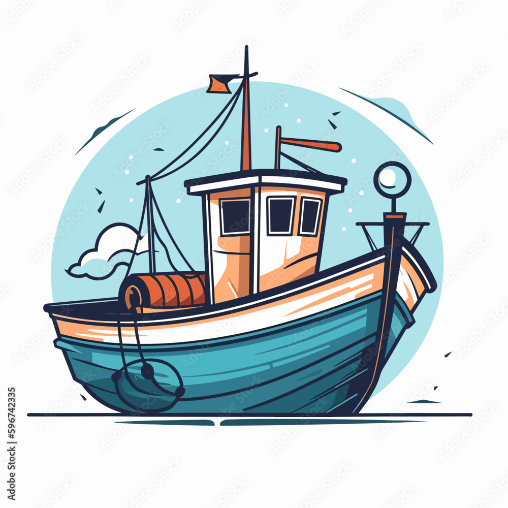 A small fishing boat rocking on the waves. Cartoon vector