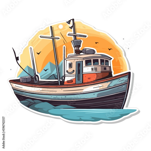 A small fishing boat goes out to sea. Cartoon vector illustration. label, sticker, t-shirt printing