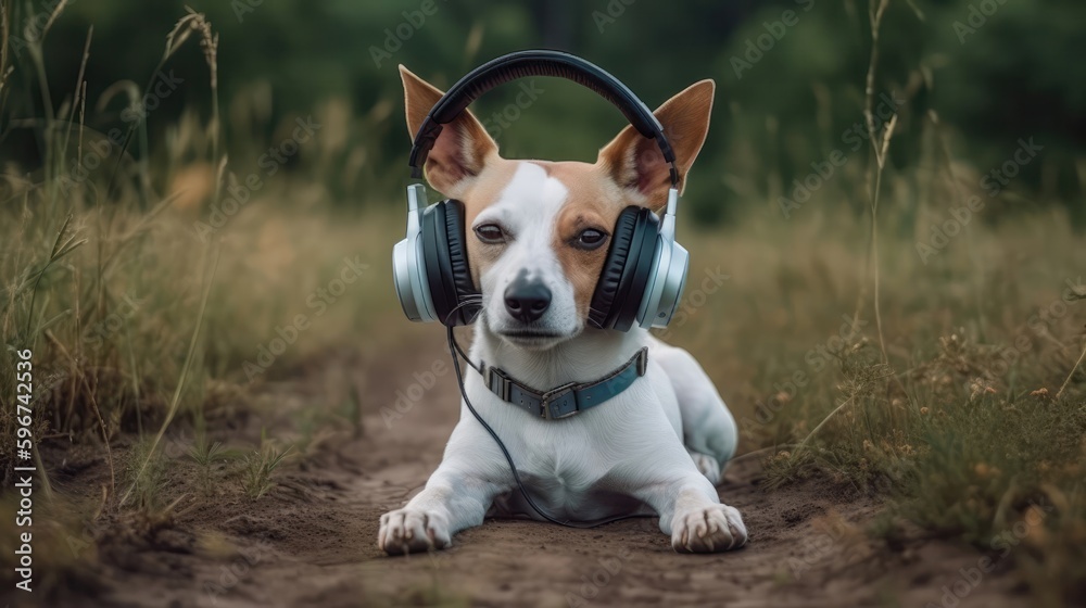 Dog In The Headphones In Picnics. Generative AI
