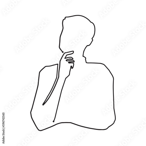 顎に手を当てて考える男性一筆書きイラスト　シルエット