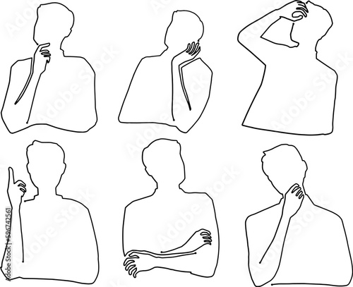 考える男性一筆書きイラスト　シルエットセット