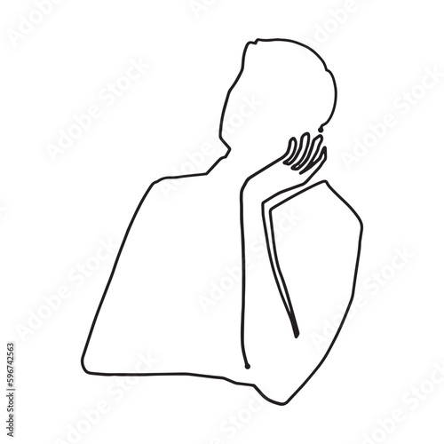 頬杖をして考える男性一筆書きイラスト　シルエット