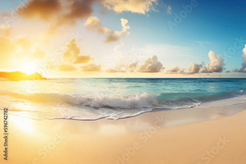 Tropical beach with sunset sky and clouds background. Summer vacation and travel concept. Generative ai.