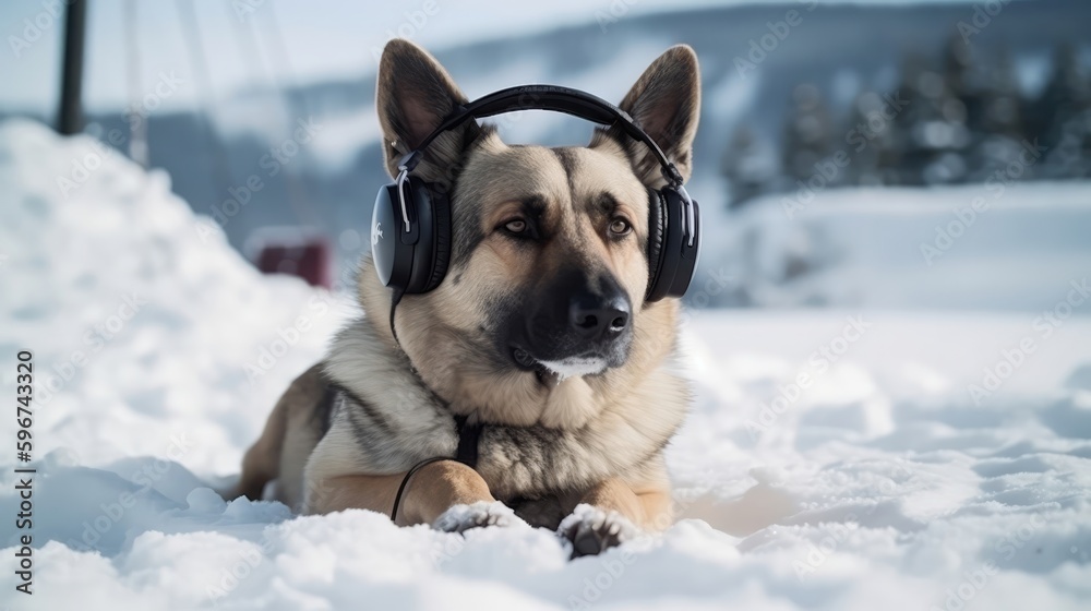 Dog In The Headphones In Snowboarding. Generative AI