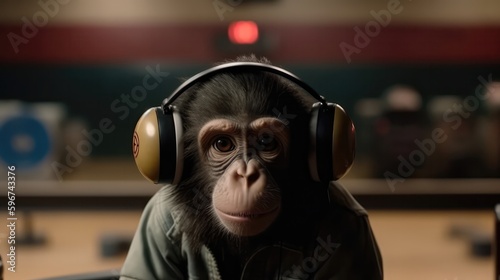 Monkey In The Headphones In Bowling. Generative AI