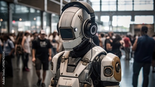 Robot In The Headphones In Comic Book Conventions. Generative AI