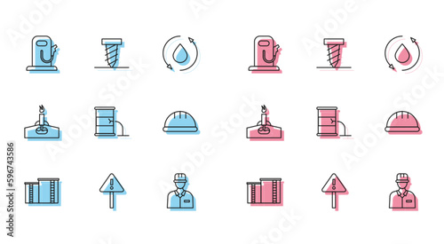 Set line Oil industrial factory building, Exclamation mark triangle, Petrol gas station, Oilman, Barrel oil leak, Worker safety helmet, rig with fire and Rotating drill digging hole icon. Vector
