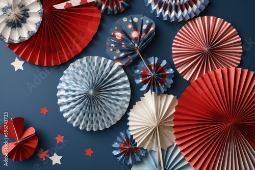4th of July American Independence Day. Happy Independence Day. Red  blue and white star confetti  paper decorations on white background. Flat lay  top view