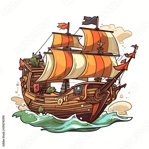 An old medieval sailing ship. A pirate ship sails into rough seas. The adventure of the corsairs. Cartoon vector illustration. label, sticker, t-shirt printing