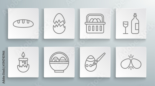 Set line Burning candle, Broken egg, Basket with easter eggs, Easter paint brush, Wine bottle glass and Bread loaf icon. Vector