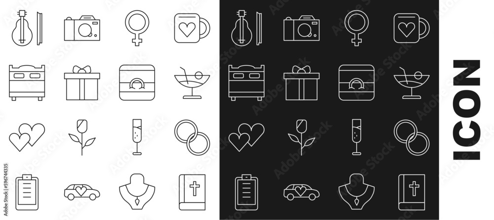 Set line Holy bible book, Wedding rings, Cocktail, Female gender symbol, Gift box, Bedroom, Violin and icon. Vector Set line Holy bible book, Wedding rings, Cocktail, Female gender symbol, Gift box, Bedroom, Violin and icon. Vector
