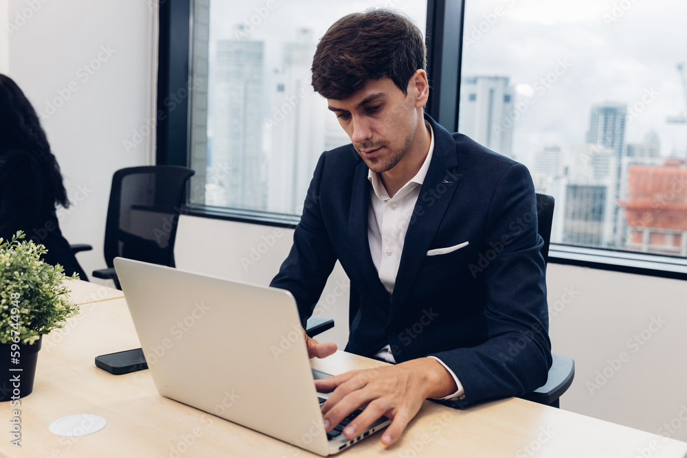 Fototapeta premium Business people using smart phone or computer for Chat GPT Chat with AI or Artificial Intelligence. Chat GPT, artificial intelligence Ai Chat GPT, AI technology to assist humans work.