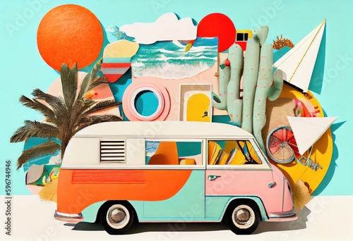 Retro stylefashion Colorful creative vacation holidays travel concept. Paper collage, tropical flowers, minivan beetle, car, pop colors. © Eli Berr