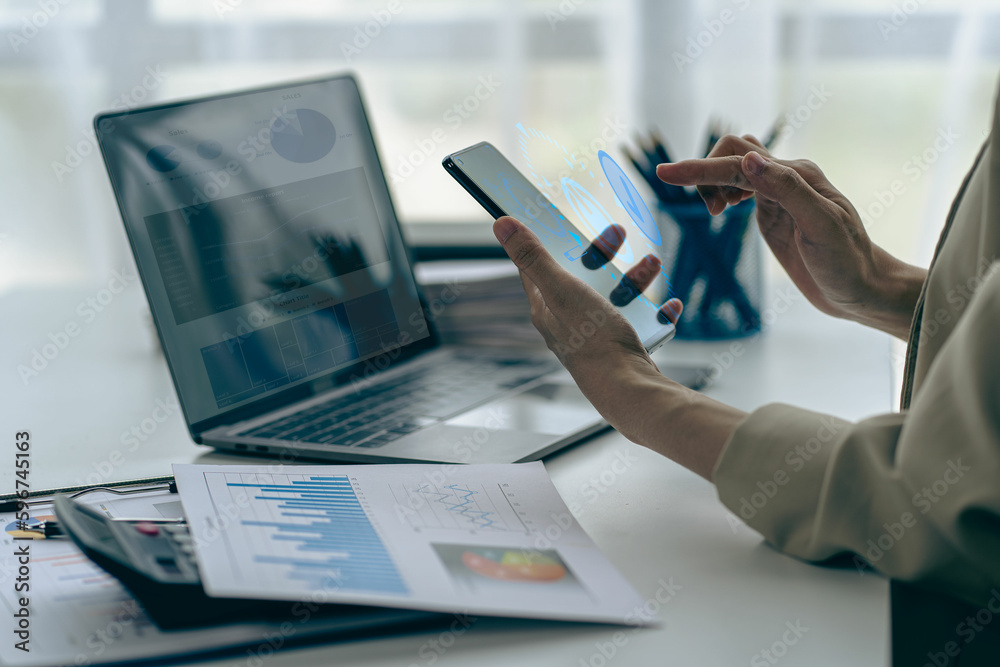 Fototapeta premium Investors increase revenue share, stock market reports, small business and finance with core performance, documents, graphs, financial charts of businesses, business ideas, financial accounts. 