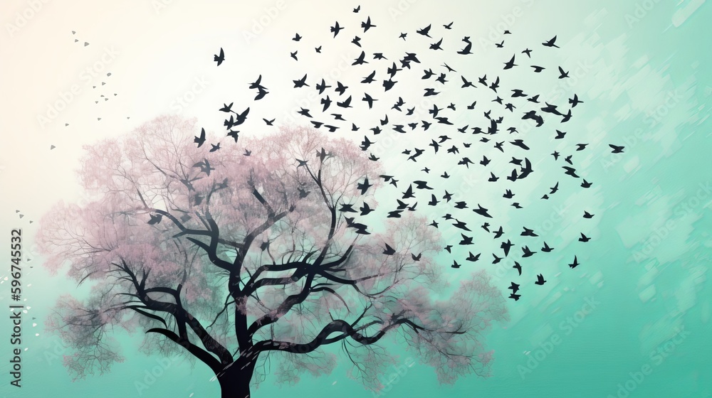 Watercolor Spring Tree with Flying Birds