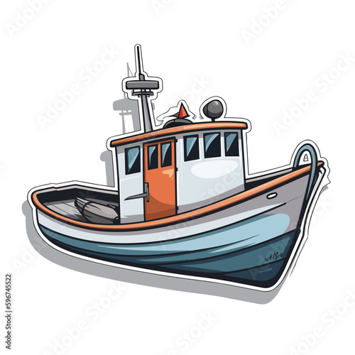 A small fishing boat. Motor boat for divers or fishermen. Cartoon vector illustration. label, sticker, t-shirt printing