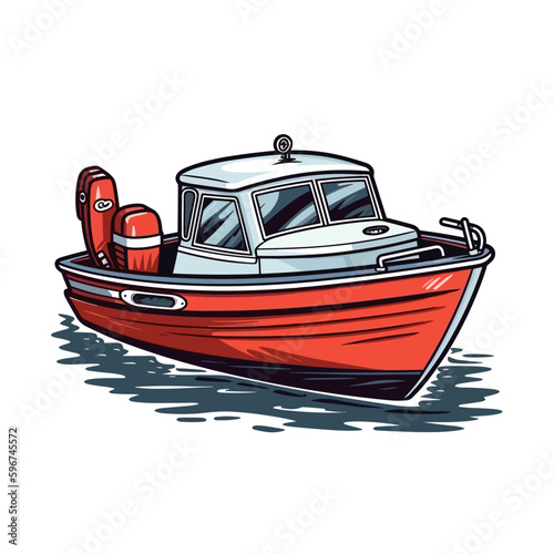 Maintenance and service of motor boats. A small motorboat. Motorboat rental. Cartoon vector illustration. label, sticker, t-shirt printing