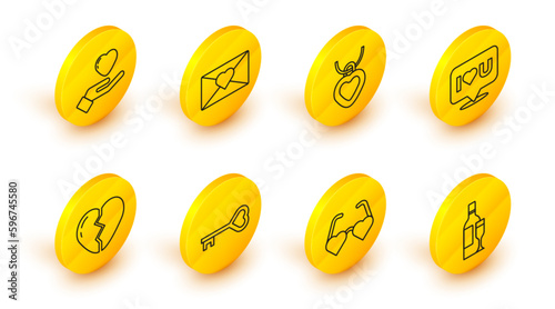 Set line Champagne bottle, Heart shaped love glasses, Key in heart, Broken, Speech bubble with I you, Necklace, Envelope Valentine and hand icon. Vector