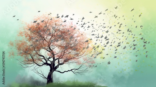 Watercolor Spring Tree with Flying Birds © Jardel Bassi