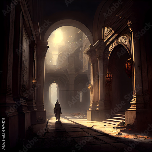 Mysterious woman coming out of an old castle door. Halloween background