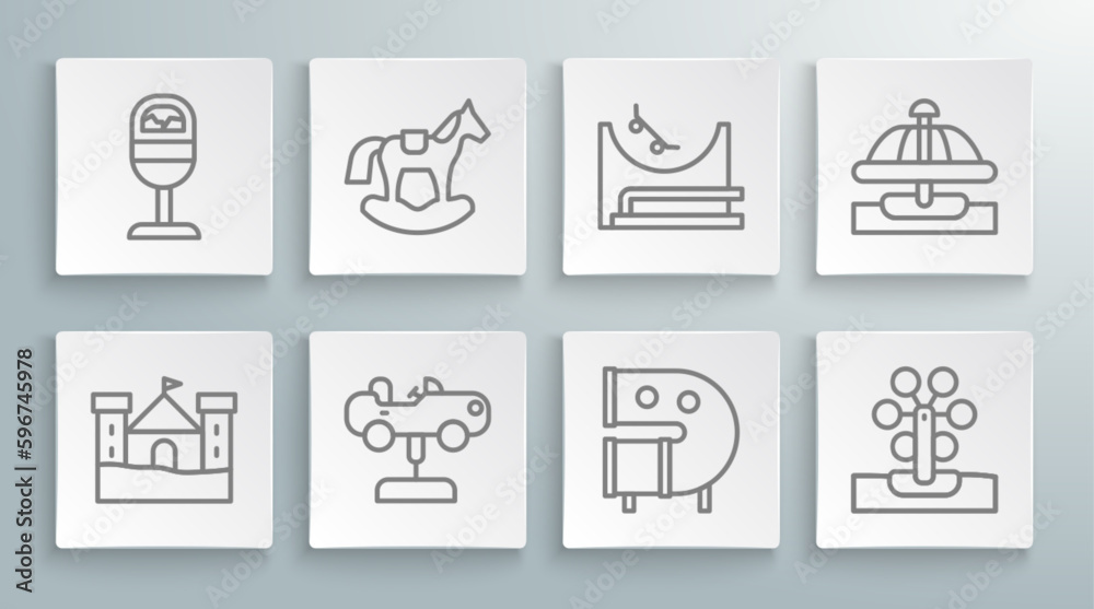 Set line Sand castle, Horse in saddle swing, Swing car, Kid playground slide pipe, Ferris wheel, Skate park, Attraction carousel and Trash can icon. Vector Set line Sand castle, Horse in saddle swing, Swing car, Kid playground slide pipe, Ferris wheel, Skate park, Attraction carousel and Trash can icon. Vector