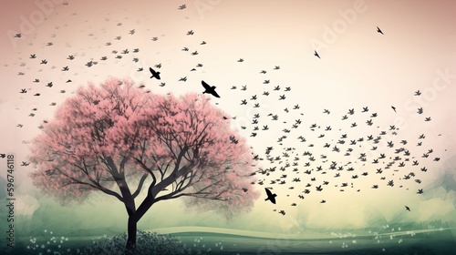 Watercolor Spring Tree with Flying Birds