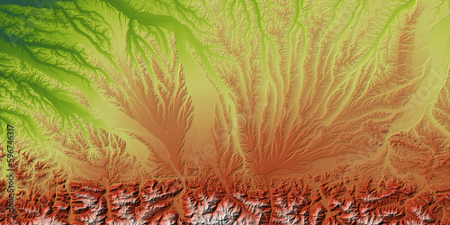 Concept de fond géographique - Hydrographie - Vue aérienne bassin versant d'un territoire montagneux vers la plaine - Rendu 2d modèle numérique de terrain avec coloration hypsométrique