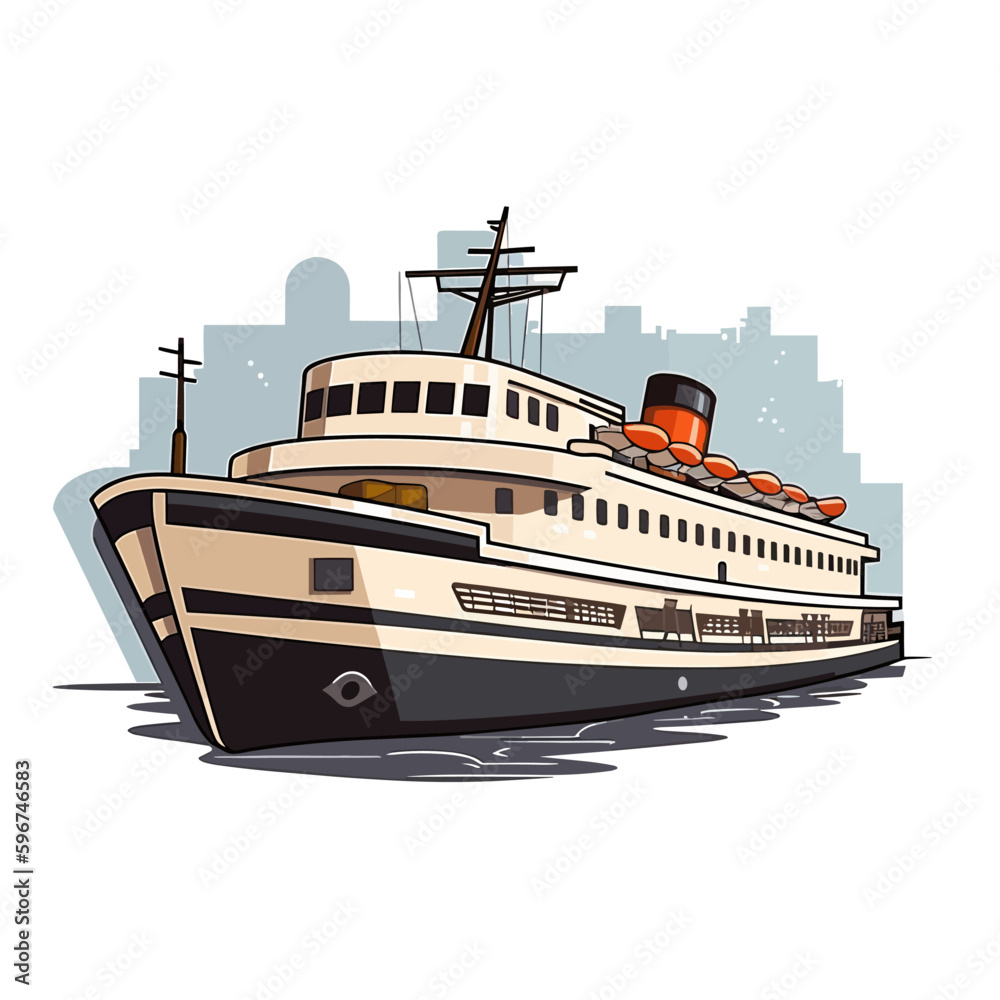 Travelling by large tourist boat. Boat transportation of travellers. Holidays and leisure at sea. Cartoon vector illustration. label, sticker, t-shirt printing