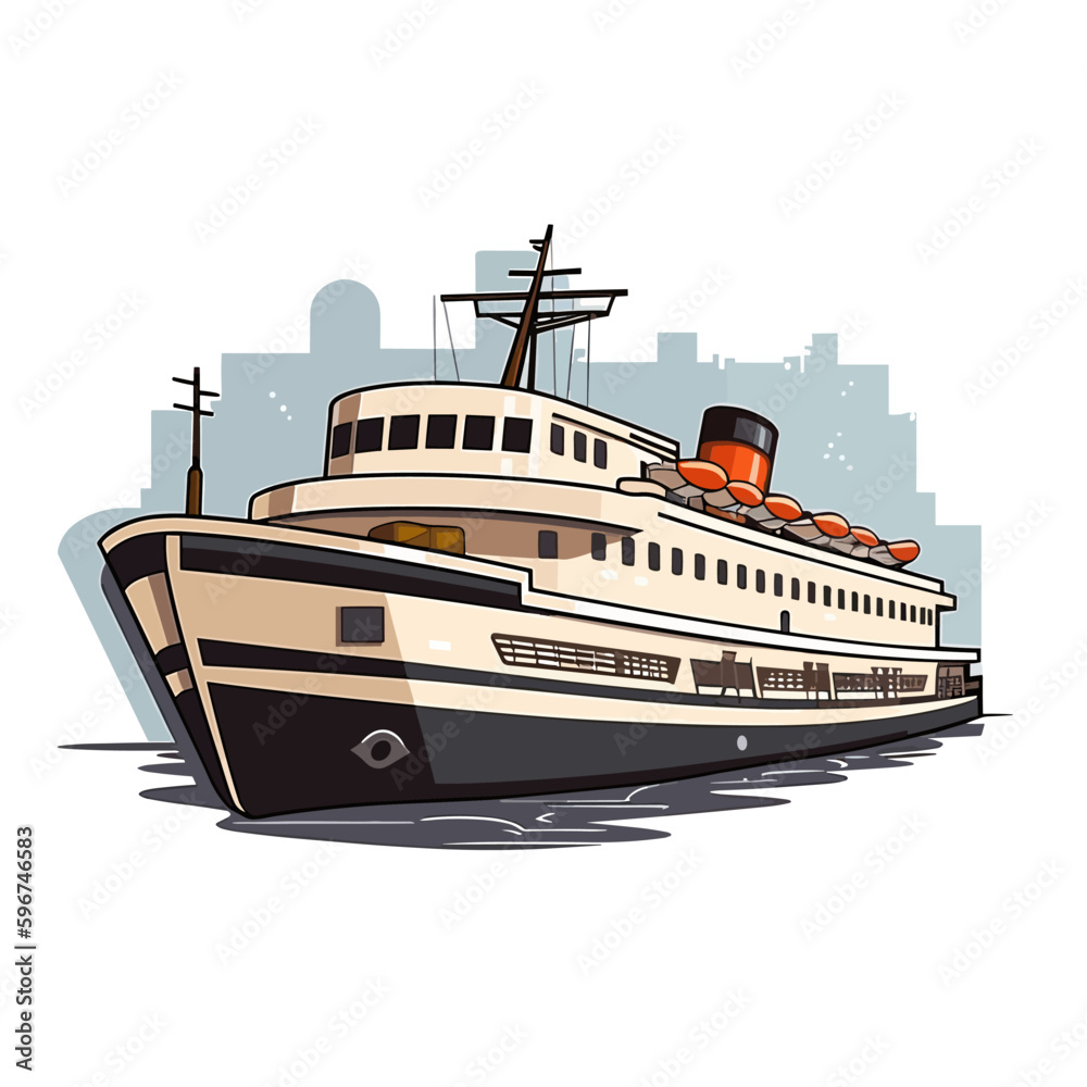 Obraz premium Travelling by large tourist boat. Boat transportation of travellers. Holidays and leisure at sea. Cartoon vector illustration. label, sticker, t-shirt printing