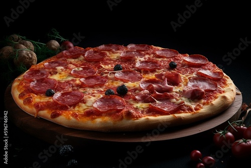 A pizza topped with pepporoni and salami, cut out on a transparent background. Generative AI