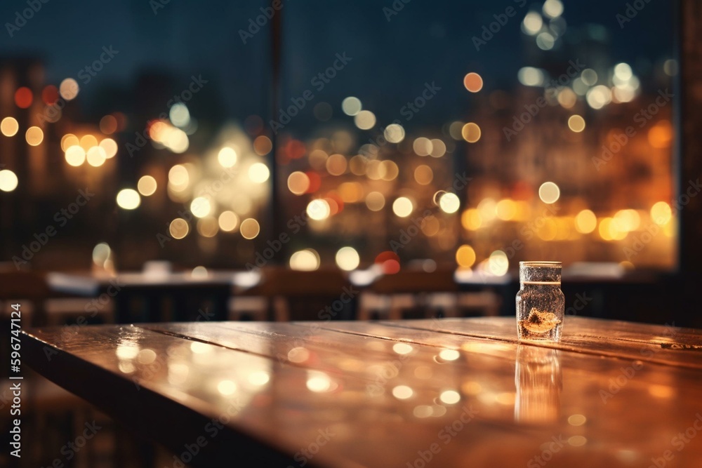 Empty table top in coffee house/restaurant with blurred European city at night and bokeh background. Use as banner or product display. Generative AI