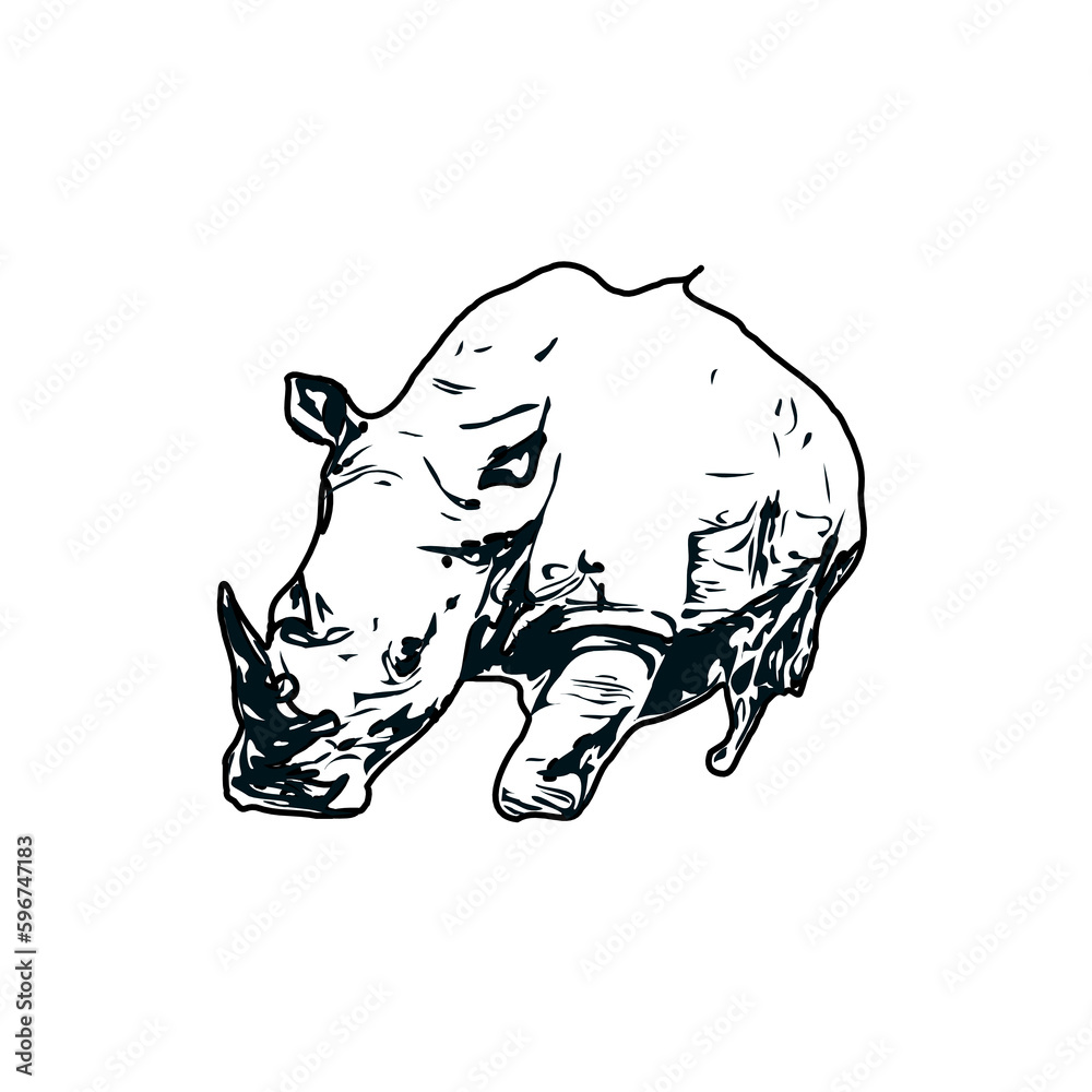 Fototapeta premium black and white sketch of a rhinoceros with transparent background