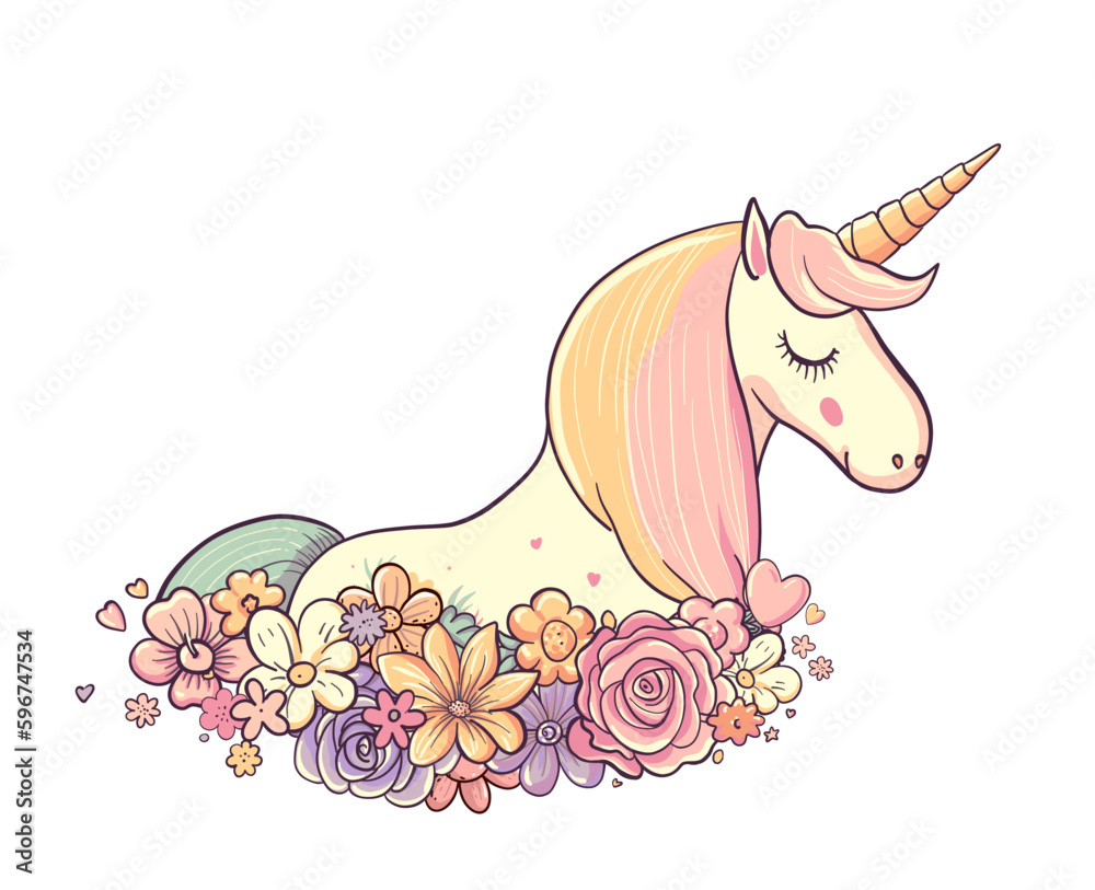 Cute unicorn in flowers. Beautiful cartoon character horse animal with ...