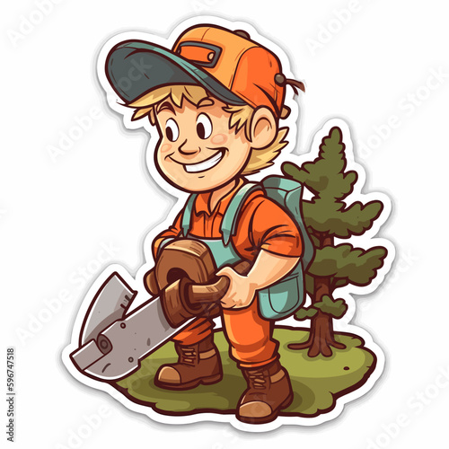 A forest lumberjack prunes tree branches. Woodworking and carpentry work. Cartoon vector illustration. label, sticker, t-shirt printing