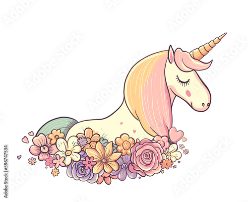 Cute unicorn in flowers. Beautiful cartoon character horse animal with magic horn. Vector illustration for unicorns design, birthday greeting card, baby shower design, invitation in pastel colors