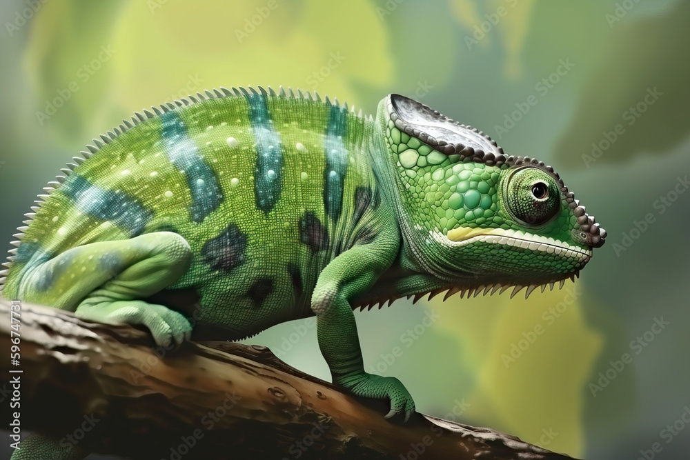 Image of side view of a green chameleon on a branch on natural background. Wild Animals. reptile, illustration. Generative AI. Image of side view of a green chameleon on a branch on natural background. Wild Animals. reptile, illustration. Generative AI.