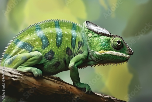Image of side view of a green chameleon on a branch on natural background. Wild Animals. reptile, illustration. Generative AI. © yod67