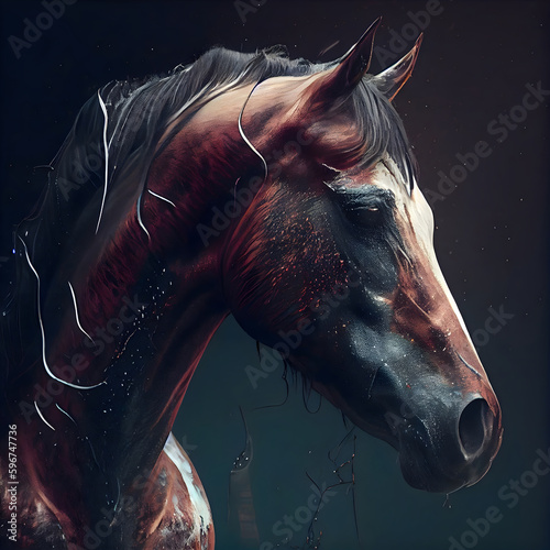 Horse portrait in the dark with water drops. Digital painting.