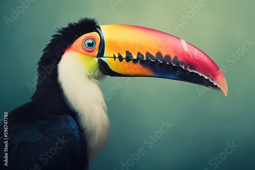 Image of side view of a toucan bird with a large and colorful beak.. Bird. illustration. Generative AI. © yod67