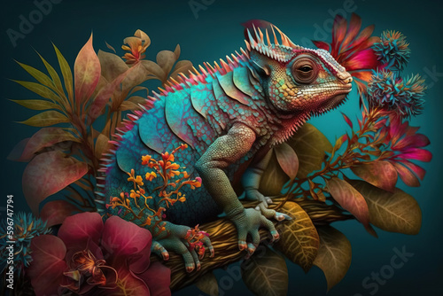 Image of brightly colored chameleons with colorful tropical flowers. Reptile. illustration. Generative AI.