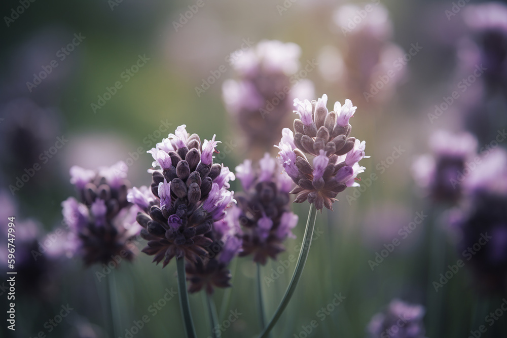 Obraz premium Lavender blooming in the fields closeup. Generative AI