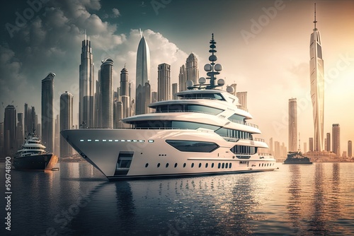 luxury yacht anchored in harbor, surrounded by bustling cityscape, created with generative ai © Natalia