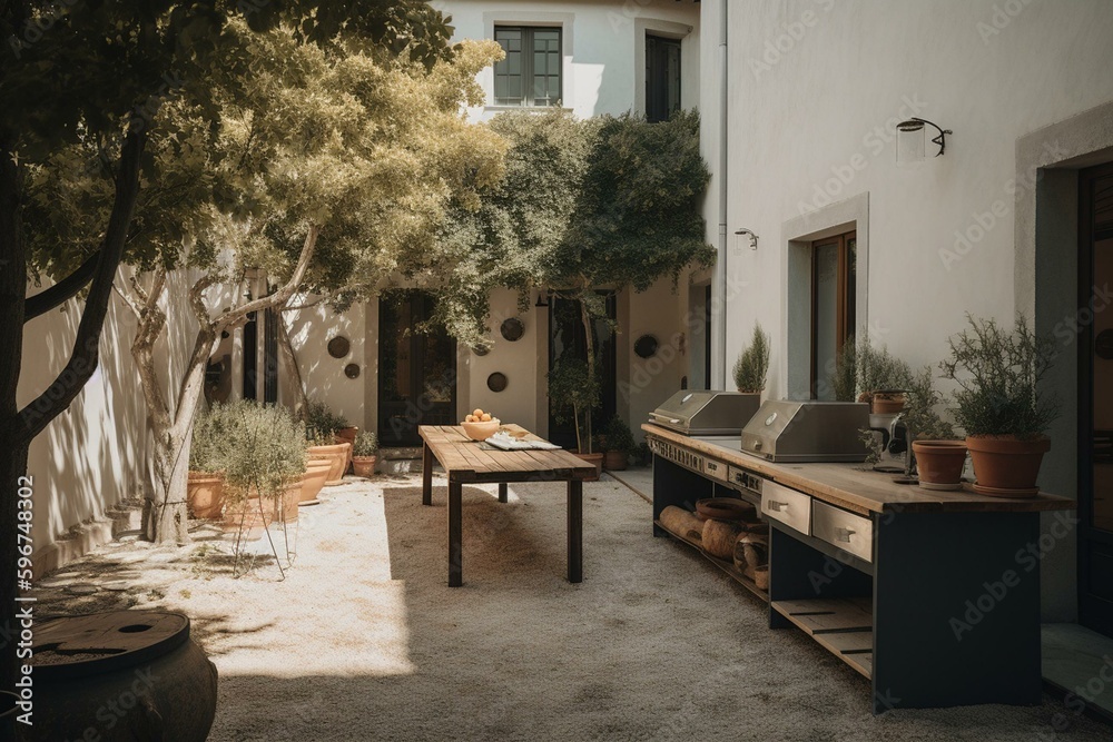 Sunny Tuscan yard with contemporary cooking area and leafy, minimal white walls. Generative AI