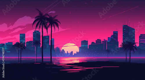 Retro vibe sunset on the vice city beach 80s style
