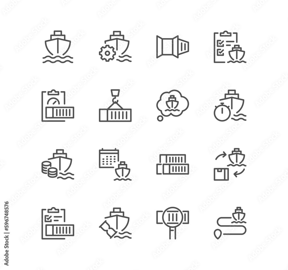 Set of logistics related icons, loading process, container, route, ship, container stacking and linear variety vectors. Set of logistics related icons, loading process, container, route, ship, container stacking and linear variety vectors.