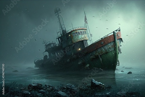 derelict fishing boat anchored to the ocean floor in murky water, created with generative ai