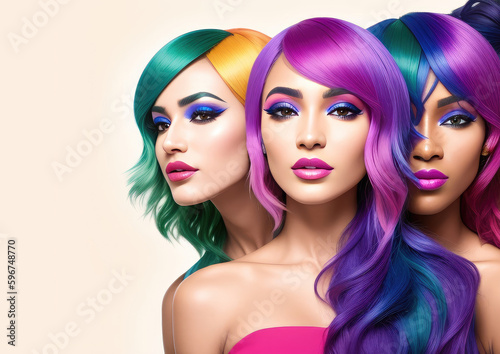 Group of multiracial women with bright multicolored rainbow hair. Copy space. Ai generation. Hair care and dyed