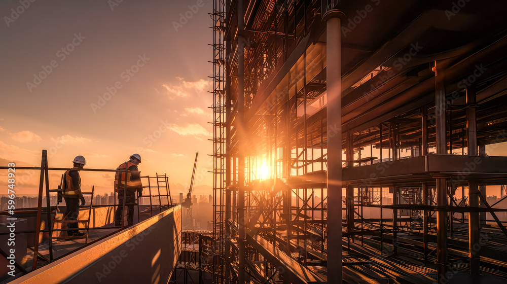 Fototapeta premium A building under construction at sunset by generative AI