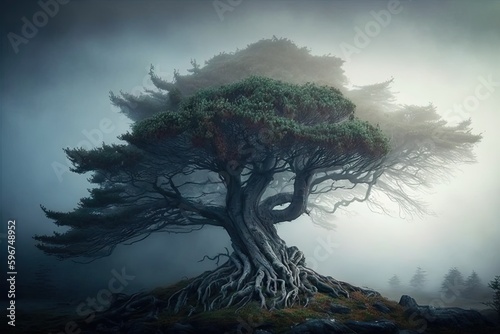 majestic tree, surrounded by misty fog, in mystical forest, created with generative ai