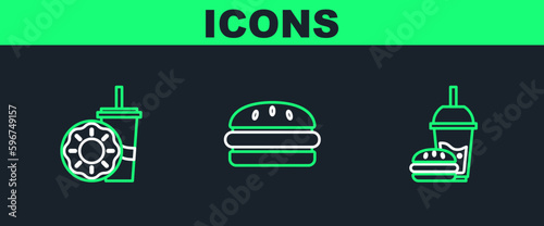 Set line Paper glass with drinking straw and burger, donut and Burger icon. Vector